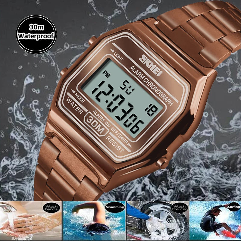 Unisex Digital Bracelet Watches Luxury Stainless Steel Strap LED Waterproof Chronograph Fashion Alarm - Visuel 6 | SAMAG