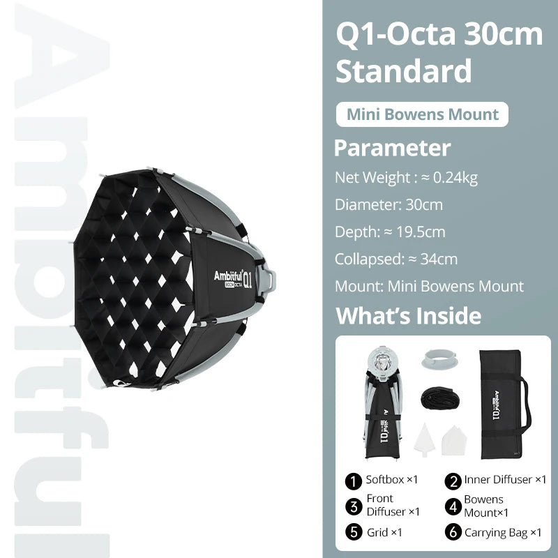 AMBITFUL Q1 Mini Bowens / GODOX Mount 30cm 45cm Octa Softbox 20*55cm Strip Softbox 30cm Softball 45cm Bounce Softbox For GODOX