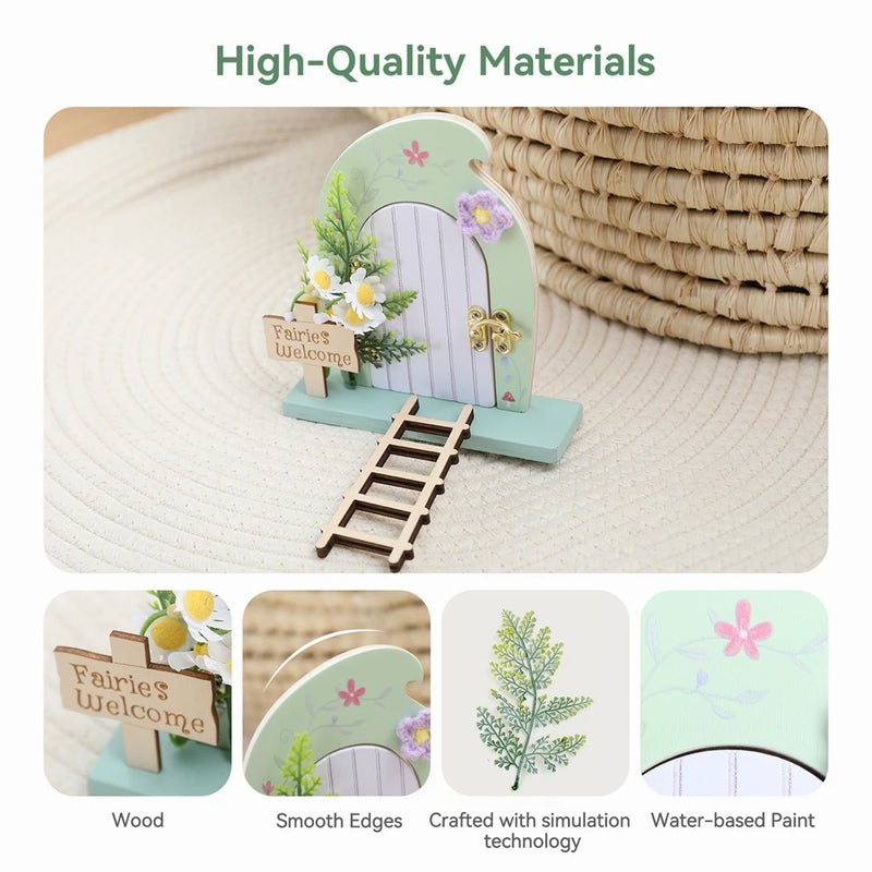 Fairy Garden Door Decor Set – Wooden Fairy Door with Plant, Crochet Flower, Ladder, Sign, Water-Based Paint, Nursery Decor