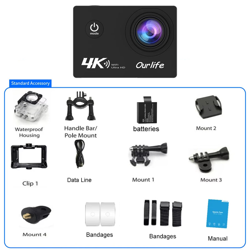 Ourlife 4K Action Camera Ultra HD 16MP WiFi 2.0 inch Screen 170D DVR Webcam Underwater 30M Helmet Video Recording Sport Camera