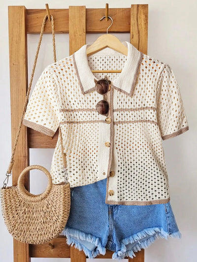 Women's Color Block Hollow Button Cardigan Suitable | SAMAG