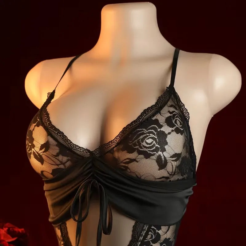 Sexy Crotchless Lingerie Women Lace Hollow Bodysuit Pajamas Teddy Babydolls Deep V Open Bra Porn Underwear Dress Erotic Costumes