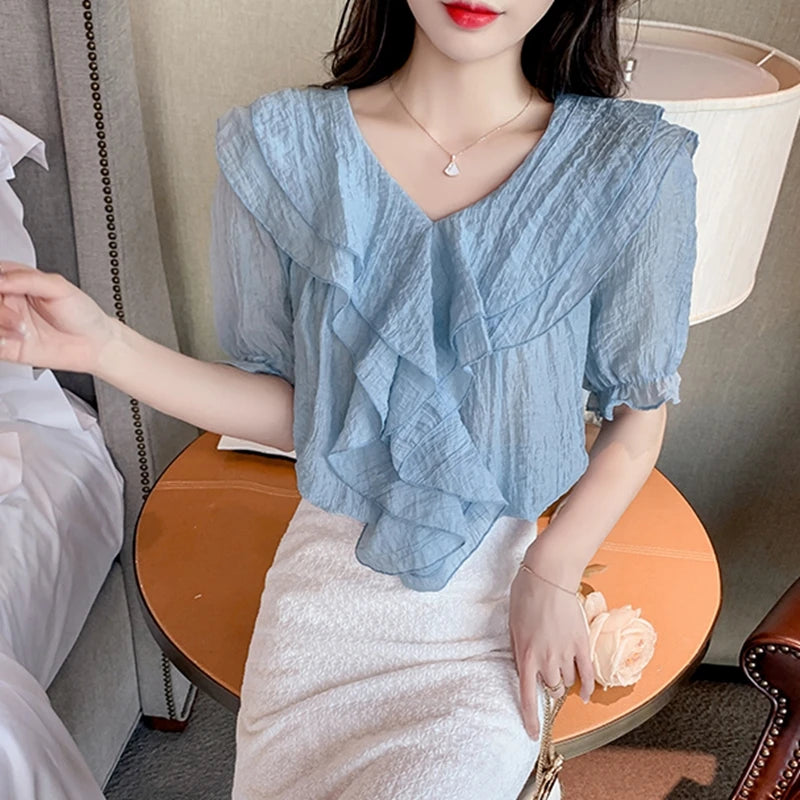 Vintage Summer Chiffon Blouses Women Elegant Korean - View 5 | SAMAG