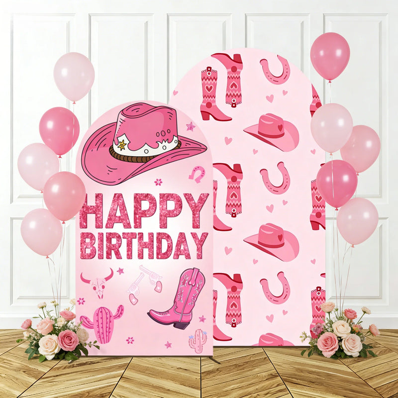 Cowgirl Pink Arch Backdrop Birthday Party Photo Background Kids Western Theme Decor Horse Shoe Boots Hat Pattern Celebration Bac