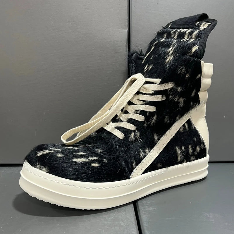Ro Luxury Men Ankle Boot Black Horsehair Boots Women Sneaker Horse Hair High Top Shoe  Casual Shoes Zipper Sneakers