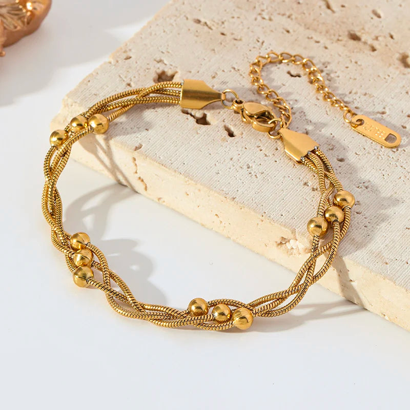 EILIECK 316L Stainless Steel Beads Wound Chain Bracelet for Women Charm Metal 18 K Plated Trendy Golden Unique Design Jewelry
