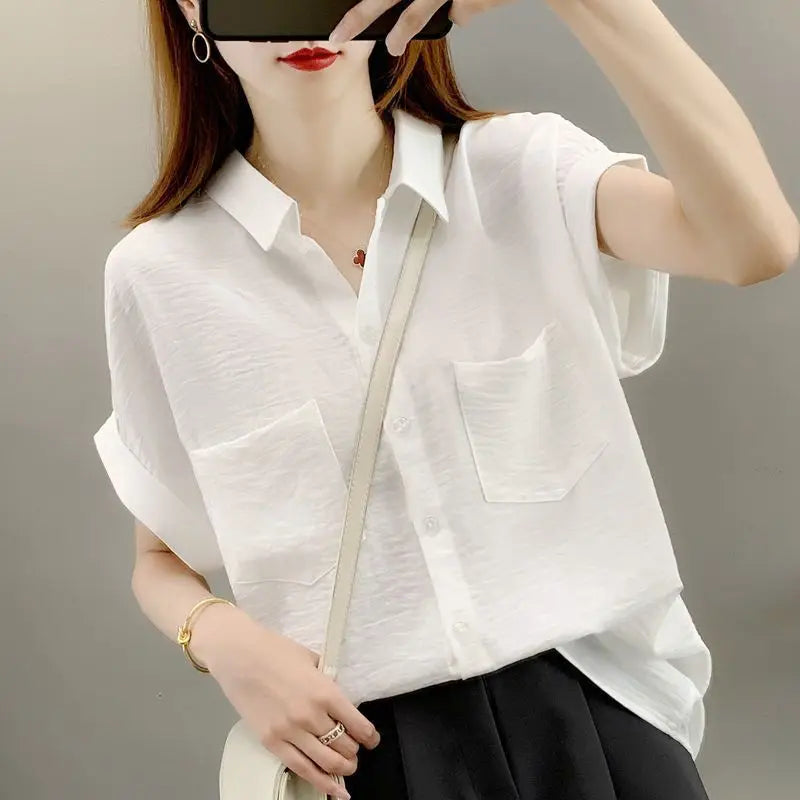 2026 New Faion Loose Materni Summer irt Women's Thin ort Sve Polyester  Collar Button up Casual Top