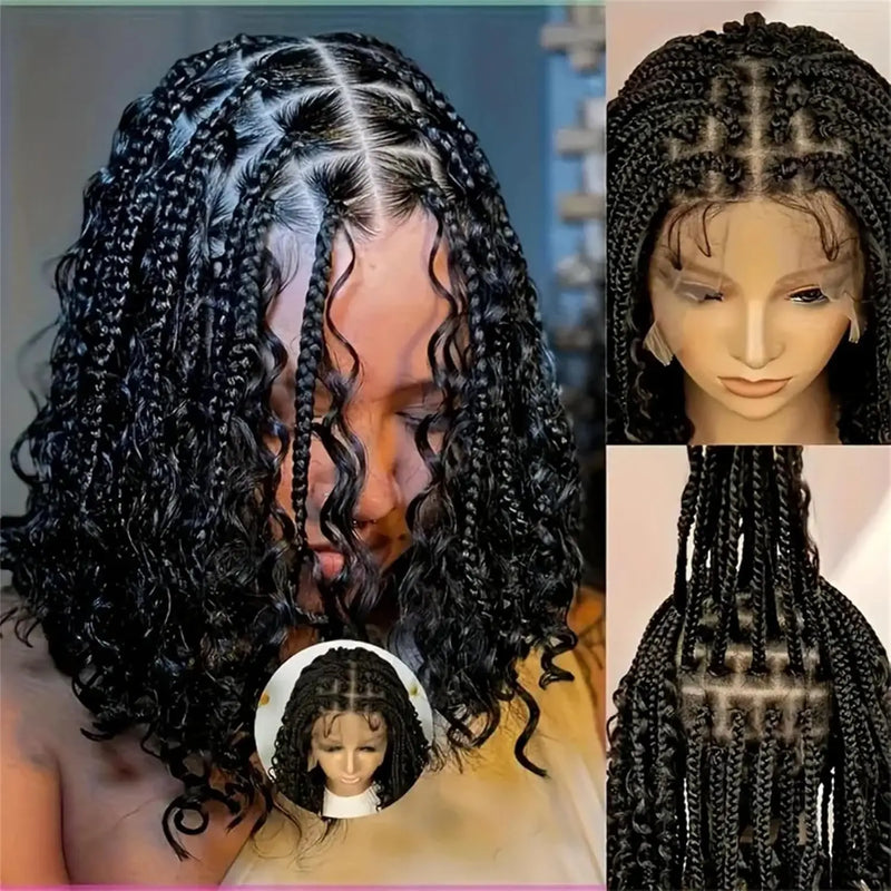 14/16/18" Short Knotless Box Braided Wig with Curly Ends Synthetic Full Lace Boho Braided Hair Wigs for Black Women Fluffy Wig