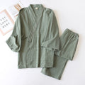 Japanese-style Kimono, Cotton Gauze, Spring And Autumn Men's Plaid Nightgown Two-piece Home Service Yukata Lace-up Pajama Set