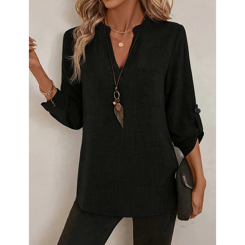 Women's Spring and Summer Fashion Loose Casual Shirt  Retro V-Neck Solid Color Blouse  Elegant Top for Young Women