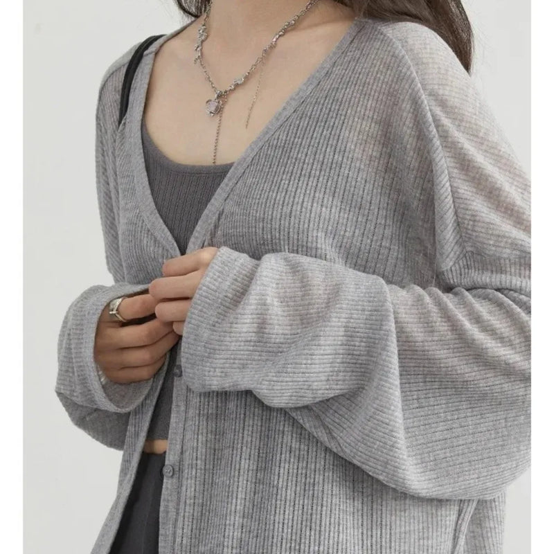 Women's Casual V-Neck Long Sleeve Cardigan, Lightweight Sun Protection Knit Outerwear, Lazy Style Cover Up for All Seasons