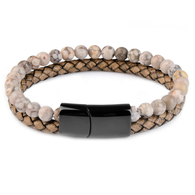 Natural Stone Bracelet Genuine Leather Braided Bracelets Black Stainless Steel Magnetic Clasp Tiger eye Bead Bangle Men Jewelry