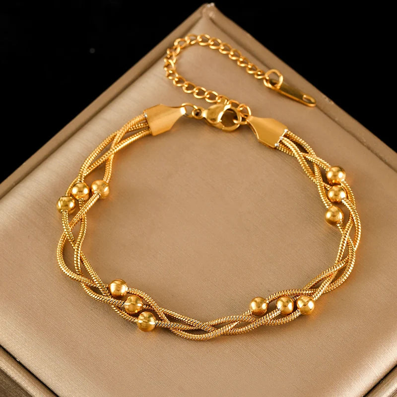 EILIECK 316L Stainless Steel Beads Wound Chain Bracelet for Women Charm Metal 18 K Plated Trendy Golden Unique Design Jewelry