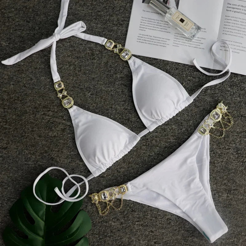 Halter Metal Chains Rhinestone Diamond Bikini Women | SAMAG