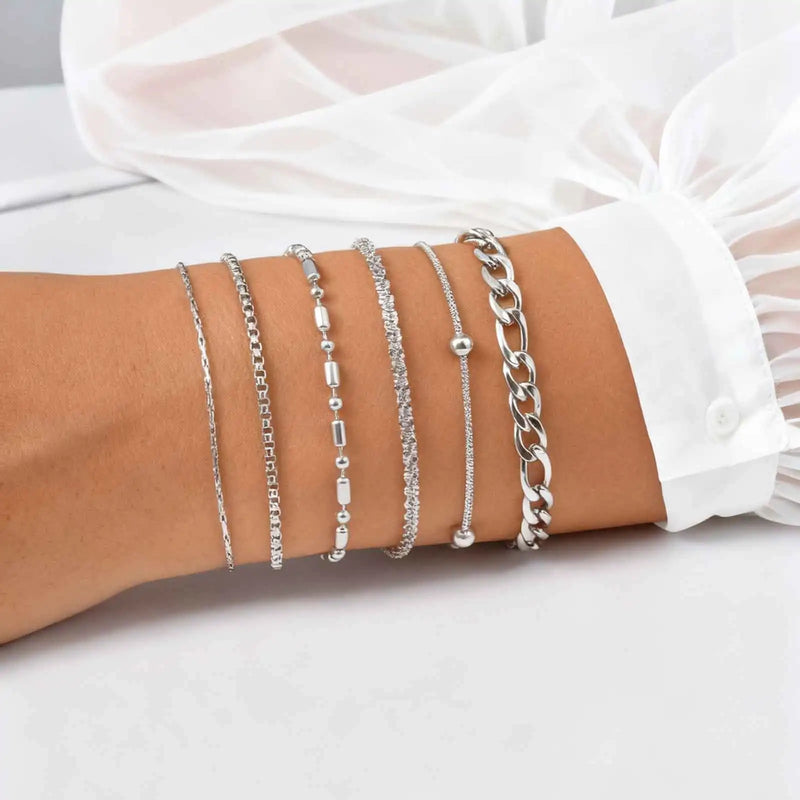 Goxygen Dainty Silver Color Stackable Bracelet Stainless Steel Beads Thin Chain for Women Men Jewelry Sets Gifts