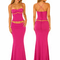 Women 2 Piece Outfit Spaghetti Strap Ruched Cami Top Floral Trim High Waist Mermaid Maxi Skirt Set Summer Beach Vacation Matching Outfits