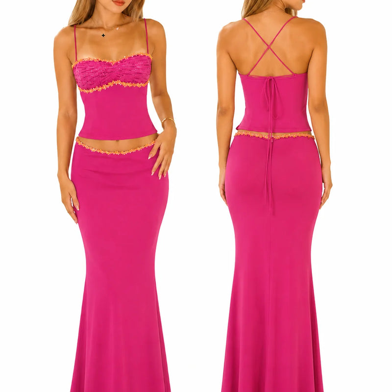 Women 2 Piece Outfit Spaghetti Strap Ruched Cami Top Floral Trim High Waist Mermaid Maxi Skirt Set Summer Beach Vacation Matching Outfits