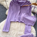 SINGREINY Ladies Fashion Sporty Suits Simple Hooded Cardigan+Halter Lingerie Top+Long Pants Korean Simple Slim Casual 3Pcs Sets