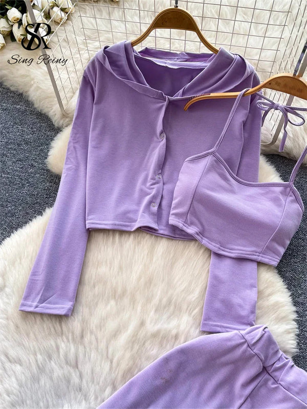 SINGREINY Ladies Fashion Sporty Suits Simple Hooded Cardigan+Halter Lingerie Top+Long Pants Korean Simple Slim Casual 3Pcs Sets