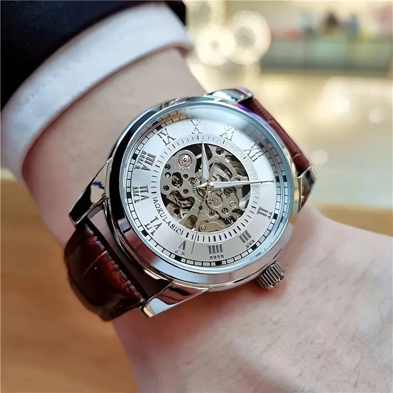 Elegant Men's Automatic Mechanical Watch with Skeleton Design - Leather Strap, Roman Numeral Dial, Automatic Movement, Perfect for Business and Casual Wear, Ideal Gift for Young Men, Business Casual Men's Watch | Skeleton Wat