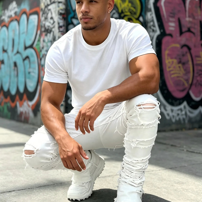 HME Men's White Denim Pants, Stacked Ripped Slim Flared | SAMAG