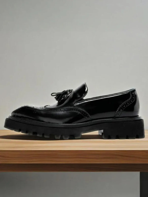 British Style Genuine Leather Platform Square Toe Carving Slip On Dress Shoes Handmade Cowhide Tassels Solid Color Men Loafer