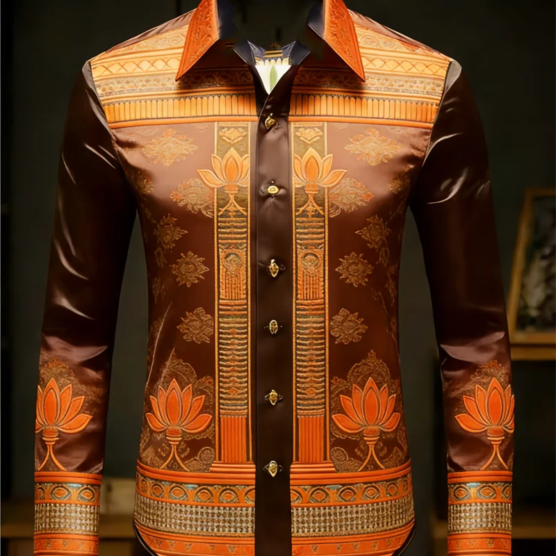 New men's long sleeved shirt with gold lotus 3D printed | SAMAG