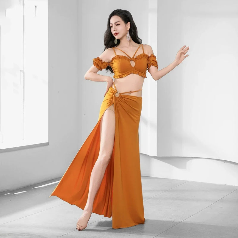 Women Girls Belly Dance Costume Set 2 Piece Half Sleeve Top Long Tassel Skirt Professional Bellydance Training Performance Wear