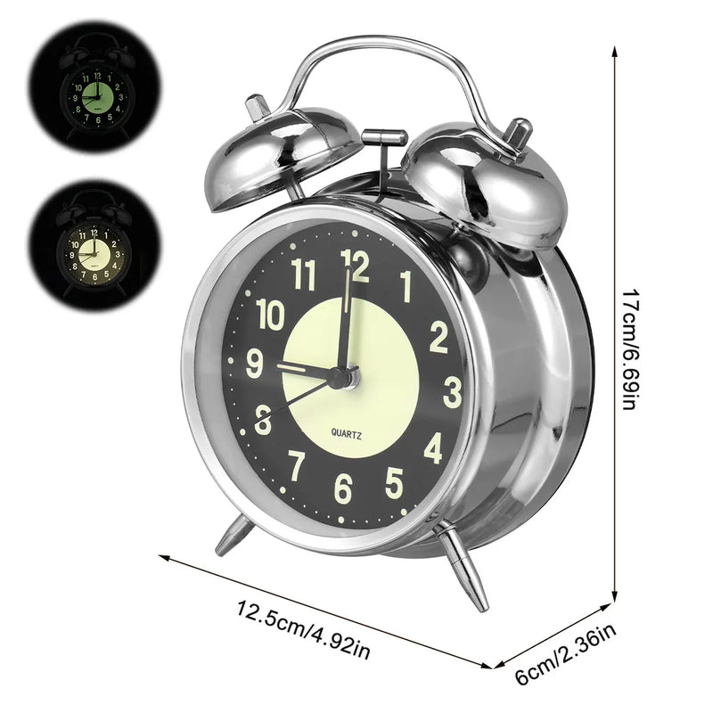 4 Inch Super Loud Alarm Clock for Heavy Sleepers Metal Retro Twin Bell with Backlight Quartz Analog Clock for Bedroom Bedsides