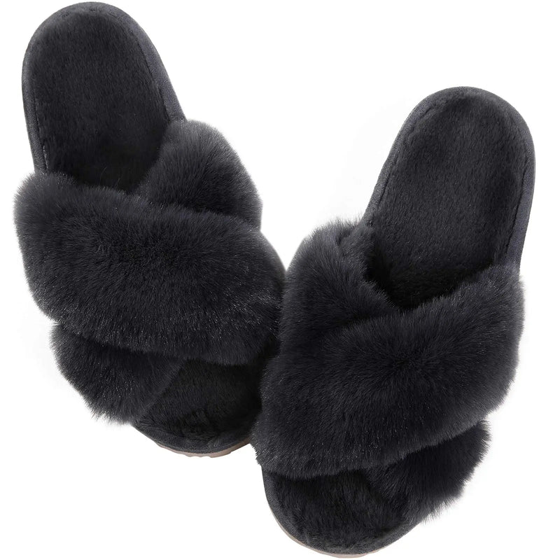 Comwarm Women's Cross Band Fuzzy Slippers Fluffy Open Toe House Slippers Cozy Plush Bedroom Shoes Indoor Outdoor Fur Sandals