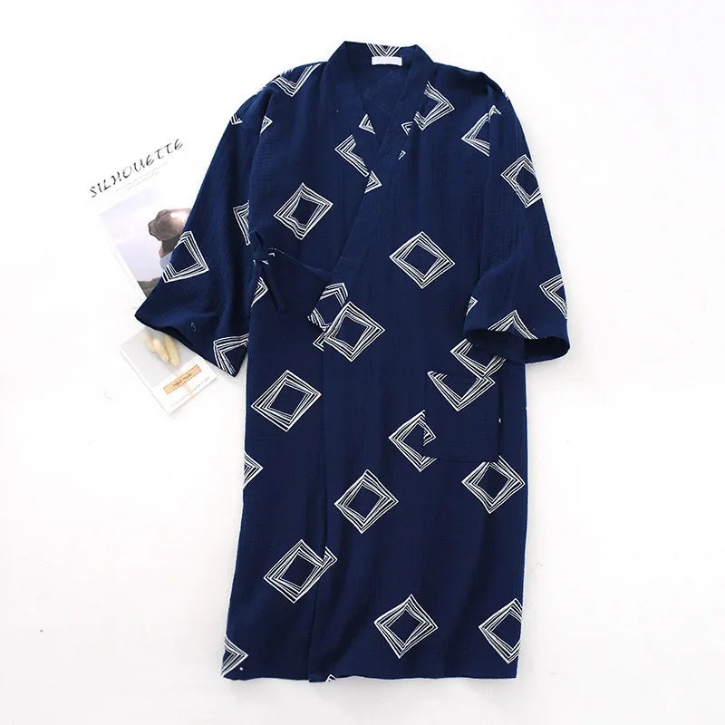 Men's Cotton Crepe Cloth Pajamas Robe Japanese Kimono Cardigan Sleepwear Print Homewear Two-layer Gauze Comfort Bathrobe for Men