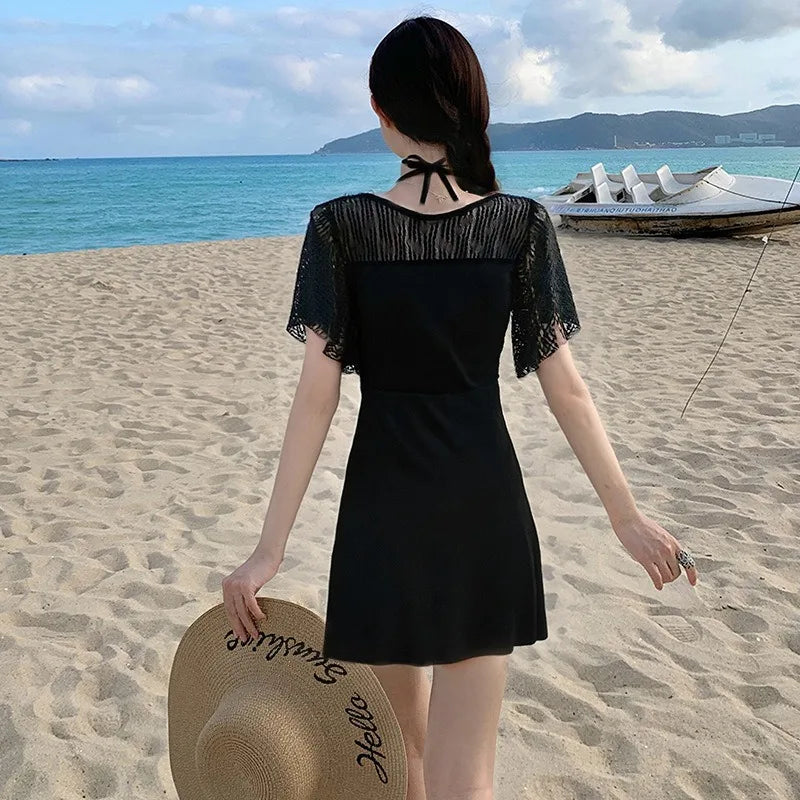 Women's One Piece Swimdress V Neck Sheer Lace Flare | SAMAG