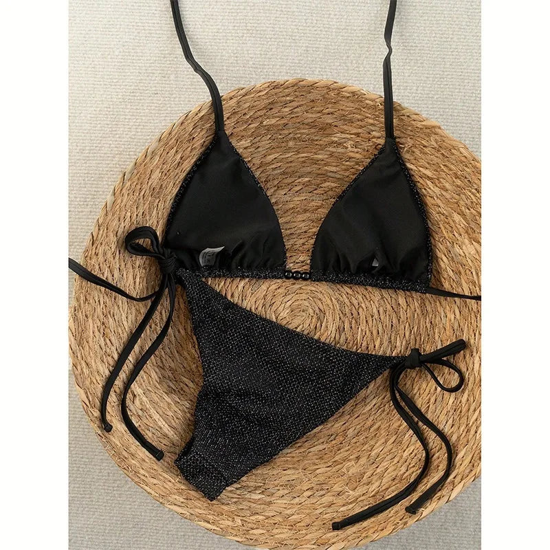 Sexy plain beads micro bikinis sets two pieces thong | SAMAG
