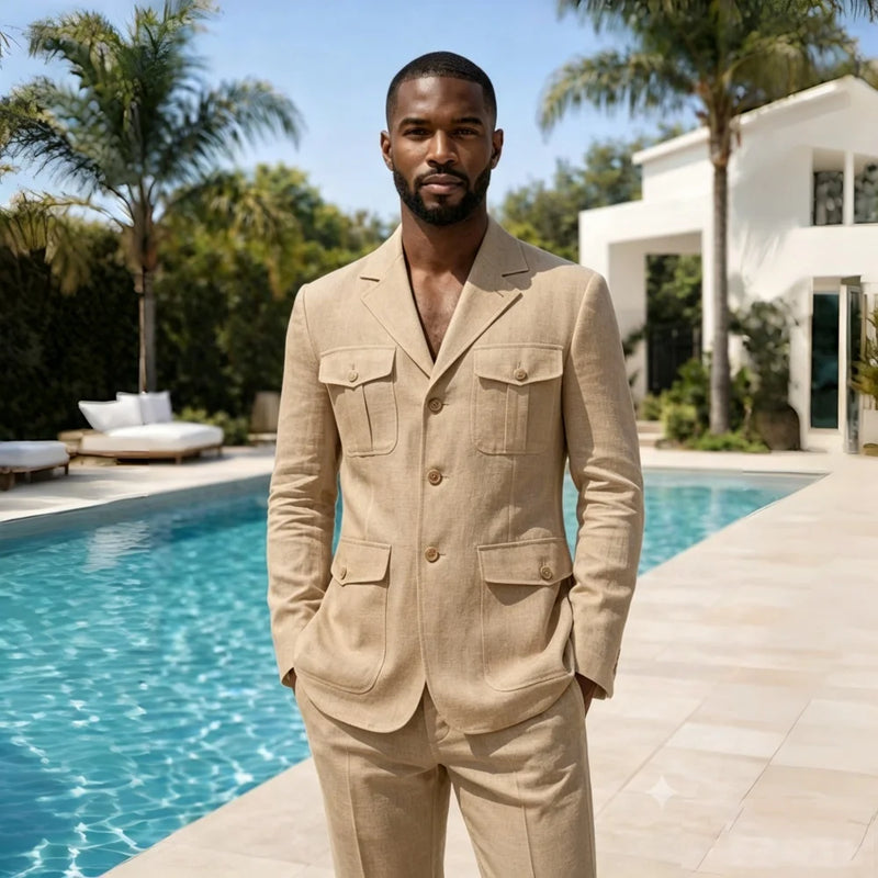 Linen Summer Safari Suits For Men 2 Pieces Separates Blazer Pants Set Casual Outfit For Beach Wedding Prom Party Man Suit