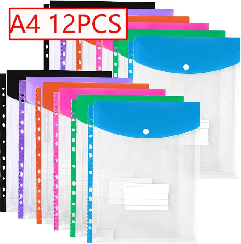 6/12pcs A4 11 Holes Binder Pocket Organizer Folders Transparent File Bag Document Pouch with Button Label for School Home Office