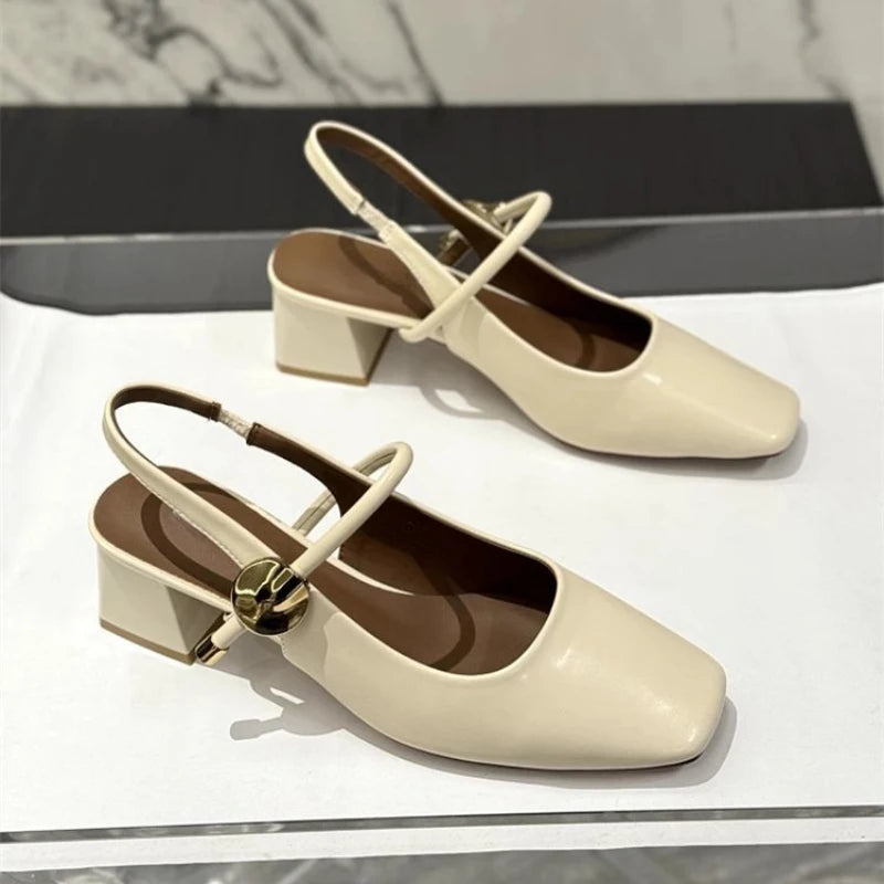 Women's Comfortable Block Heel Slingbacks, Adjustable Buckle Square Toe Casual Shoes, Versatile Spring Summer Heels for Women