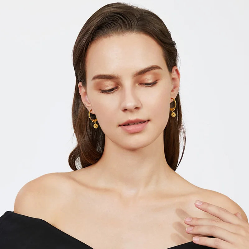 Pure 18 K Gold Color Shiny Simple Transport Beads Earring Jewelry for Women Bride Never Fade Birthday - Visuel 3 | SAMAG