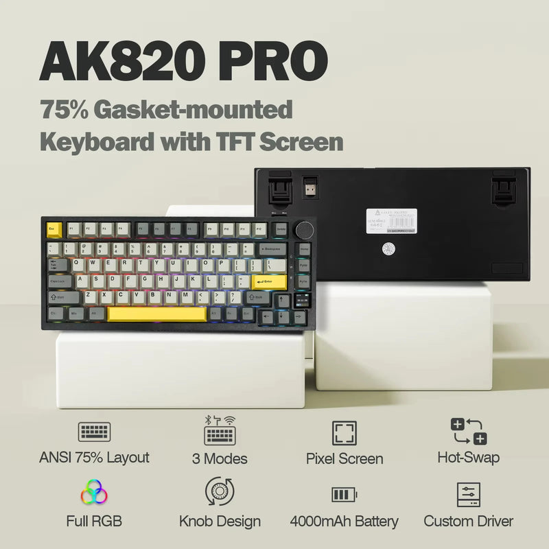 Ajazz AK820 Pro 75% Gasket-mounted Wired/Bluetooth 5.1/2.4G Wireless Mechanical Keyboard with TFT Screen for Win/Mac