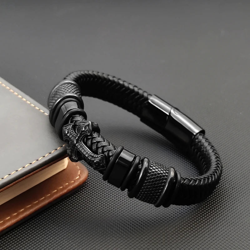 Dark Series Men's Leather Cross Bracelet New Fashion Hand-woven Rope Multi-layer Combination Stainless Steel Male Jewelry Gift
