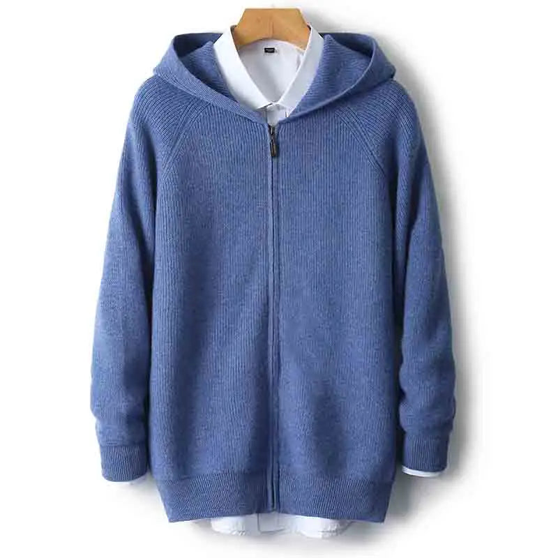 Men 100% Merino Wool Sweater Hooded Zipper Cardigan Autumn Winter Thickened Knit Large-size Jacket Long Sleeved Sportswear Coat