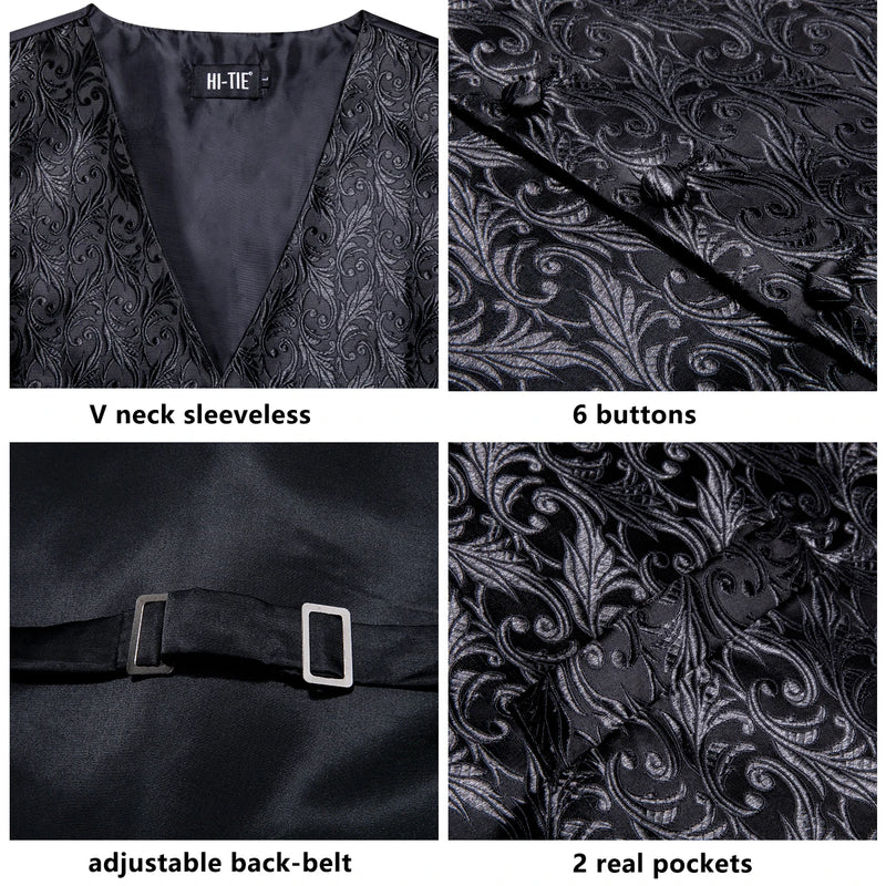 Men's Black Dress Vest Set with Tie Pocket Square Cufflinks - Jacquard Formal Tuxedo Waistcoat Suit Wedding - View 5 | SAMAG