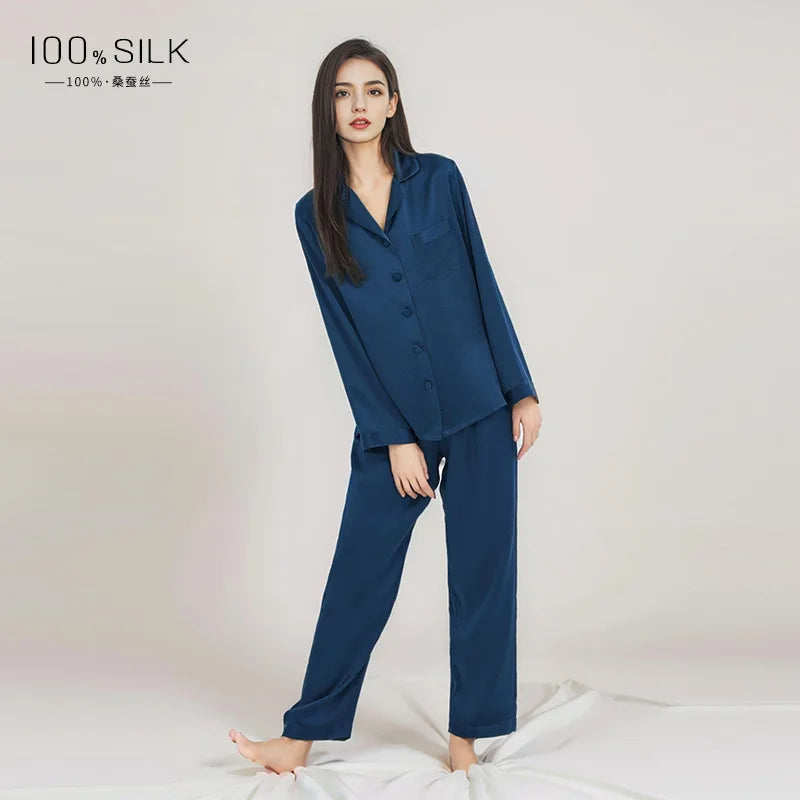 2025 Summer New 100% Mulberry Silk Long-Sleeve Long Pants 2PCS Sets Women's Pajama Set European  American Style Loungewear