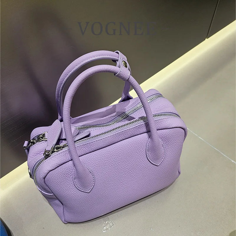 Genuine Leather Women's Boston Bag, New Niche Design Double Zipper Simple Wide Shoulder Strap Fashion Portable Shoulder Bag