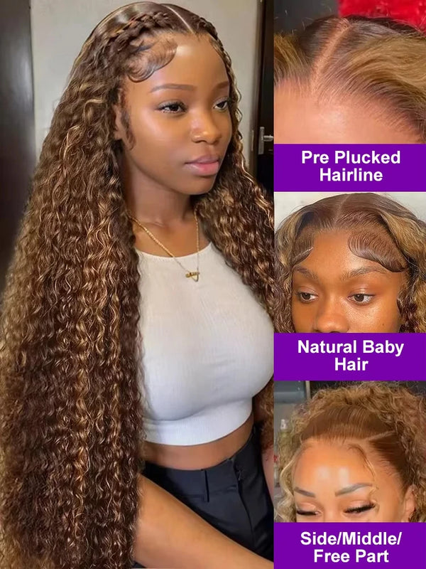 250 Density Highlight Ombre 13x6 Curly Real Human Hair Wigs 30 38 Inch Brazilian 4/27 Colored Deep Wave 13x4 Lace Frontal Wigs