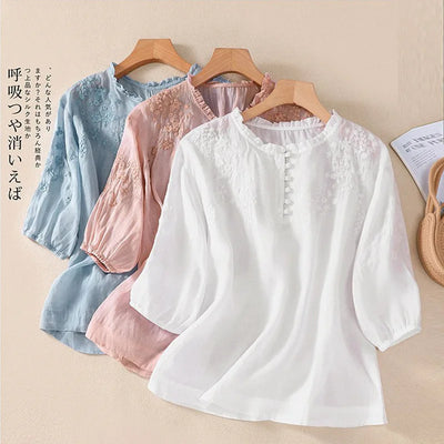 Women Summer Sweet Mori Girl Solid Color Embroidery | SAMAG