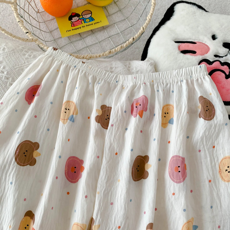 Cartoon Hello Kitty Summer Cardigan Lapel Women's Pajama Set Cloud Cotton Cute Printed Casual Loungewear Three-piece Set