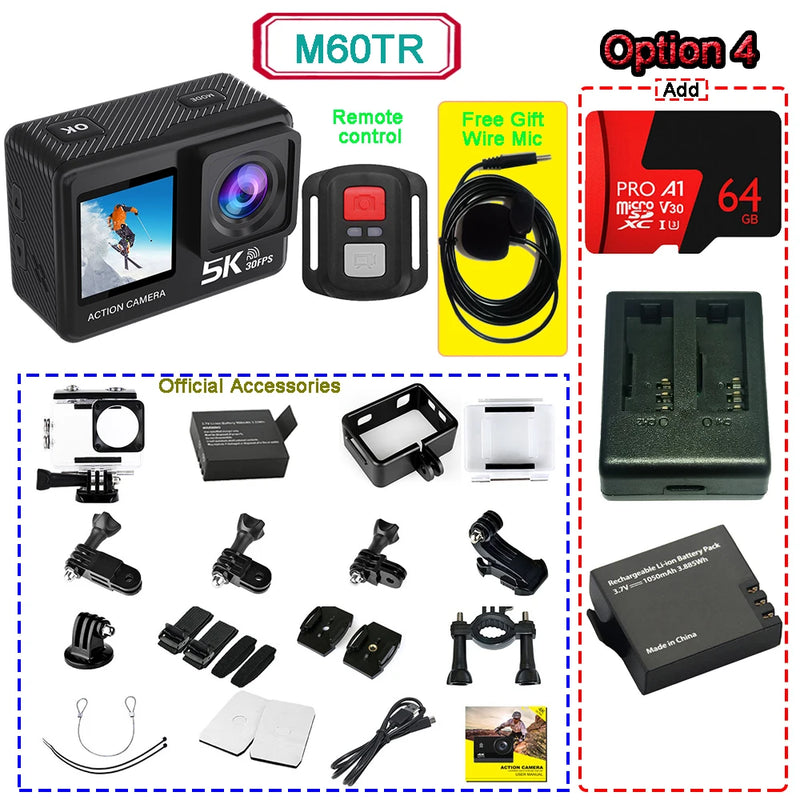 Action Camera 5K 4K60FPS  50MP 2" Touch Dual Screen 5X Zoom Wi-Fi EIS  170° DVR Webcam Wireless Mic 30M Waterproof Sport Camera