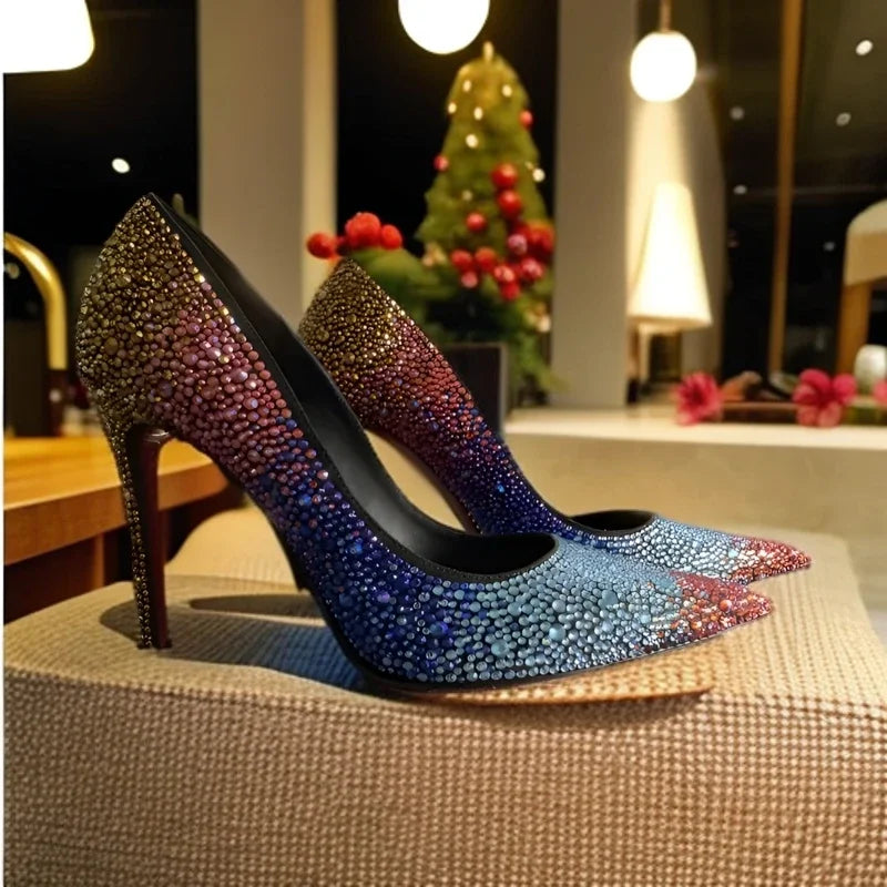 Women Full Diamond High Heel Pumps Rhinestone Pointed Toe Stiletto Heel Bling Bling Luxury Brand Colorful Crystal Wedding Shoes