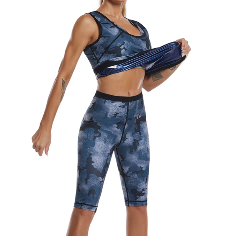 Women Camouflage Sauna Shapewear Hot Sweat Body Shaper Sets Fitness Vest Slimming Shorts Flat Belly Pants Waist Trainer Suits