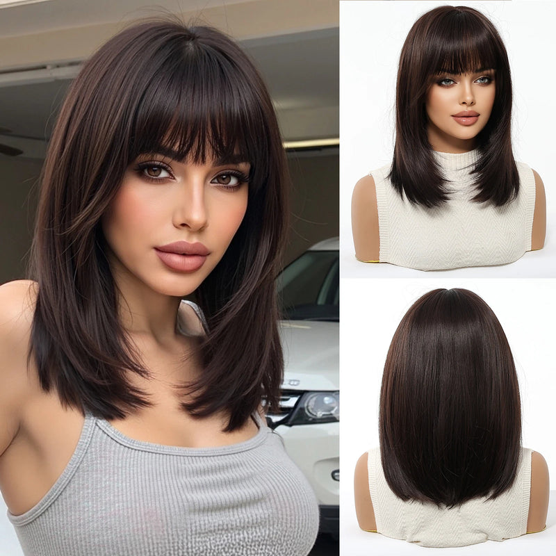 EASIHAIR Short Straight Bob Hair Synthetic Wigs for Women Brown Straight Natural Wigs with Eight Character Bangs Daily Cosplay